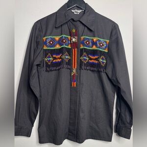 Lee Magram Vintage Button Down Men's Black Embroidered Casual Shirt